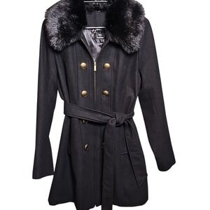 Double Breasted Black Full Zip Faux Fur Neck Pea Coat Women's Small Dennis Basso